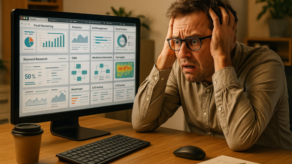 Überforderter Marketer mit 10 Tabs offen