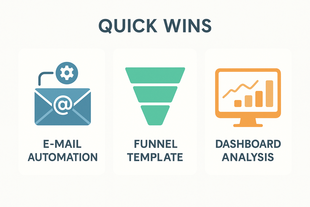 3 Symbole für Automation, Funnel-Setup, Lead-Tracking